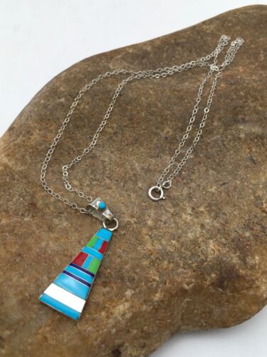 Navajo Turquoise & Coral Inlay Pendant | Sterling Silver Chain | Authentic Native American Handmade | 4437