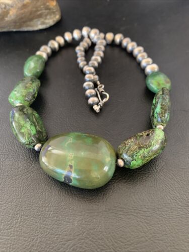 Navajo Chunky Graduated Natural Green Turquoise Necklace | Sterling Silver | Authentic Native American | 18" | 11770