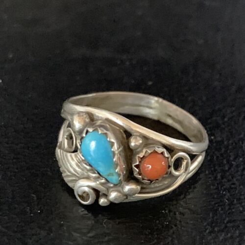 Navajo Blue Kingman Turquoise Coral Ring | Authentic Native American Sterling Silver | Multi-Stone | Sz 6.5 | 13575