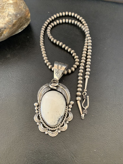 Navajo Pearls | Sterling Silver White Buffalo Turquoise Necklace Pendant 10943