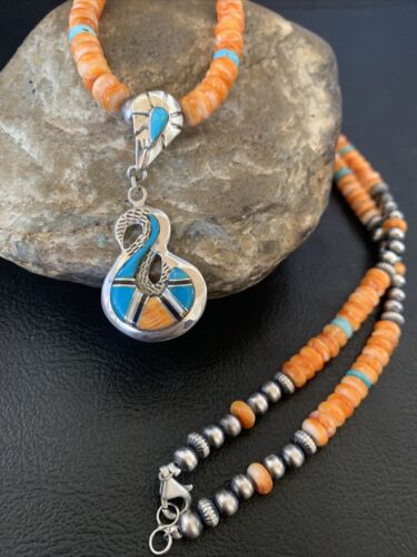 Navajo Pearls Necklace with Orange Spiny Oyster & Turquoise Pendant | Sterling Silver | Authentic Native American | 20" | 12703