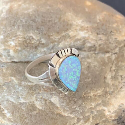 Navajo Blue Opal Inlay Band Ring | Sz 7 | Authentic Native American Handmade | 12419