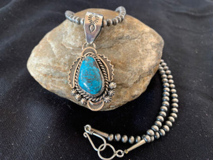 Navajo Spiderweb Kingman Turquoise Pendant Necklace | Sterling Silver | Authentic Native American Handmade | 688