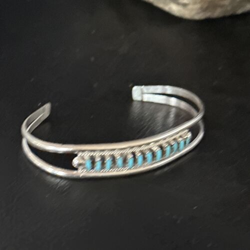 Zuni Blue Turquoise Needle Point Cuff Inlay Bracelet | Sterling Silver | Authentic Native American Handmade | 14594