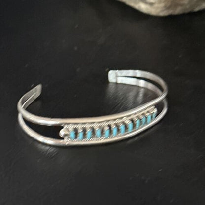 Zuni Blue Turquoise Needle Point Cuff Inlay Bracelet | Sterling Silver | Authentic Native American Handmade | 14594