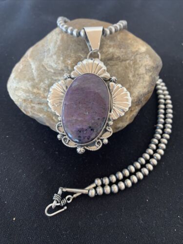Men's Navajo Pearls Necklace | Sterling Silver Purple Sugilite Pendant | Authentic Native American Handmade | 1537