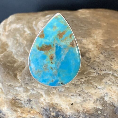 USA Navajo Adjustable Sterling Silver Blue Kingman Turquoise Ring Size 8 12787