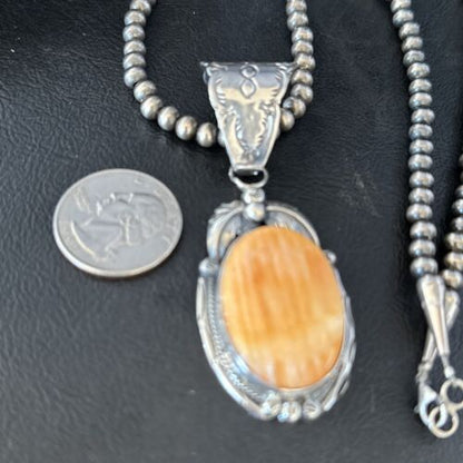 Navajo Pearls Orange Spiny Oyster Necklace Pendant | Sterling Silver | Authentic Native American Handmade | 14719