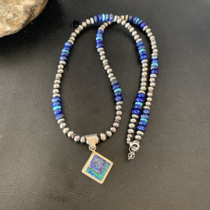 Navajo Men's Blue Lapis Turquoise Opal Inlay Pendant Necklace | Sterling Silver | 21" | 12604
