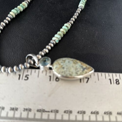 Navajo Green Turquoise Spiny Necklace with Naja Pendant | Authentic Native American Sterling Silver | Multi-Stone | 14234
