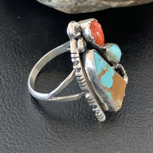 Southwestern Multi-Stone Men's Ring | Authentic Native American Sterling Silver | Turquoise & Spiny Oyster | Sz 11 | 2166