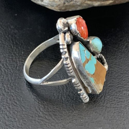 Southwestern Multi-Stone Men's Ring | Authentic Native American Sterling Silver | Turquoise & Spiny Oyster | Sz 11 | 02166
