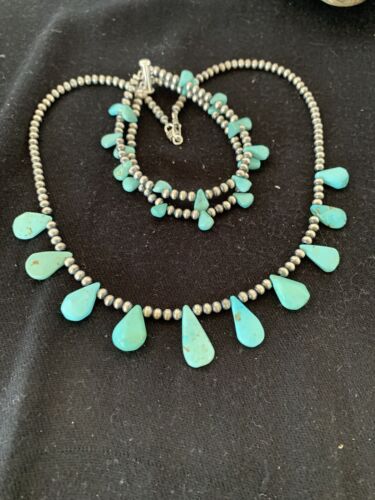 Navajo Pearls Sterling Silver Necklace & Bracelet Set | Blue Turquoise | Authentic Native American Handmade | 516