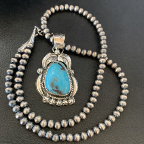 Men's Navajo Pearls Necklace | Sterling Silver Blue Kingman Turquoise Pendant | Native American | 12598