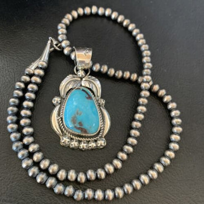 Men's Navajo Pearls Necklace | Sterling Silver Blue Kingman Turquoise Pendant | Native American | 12598