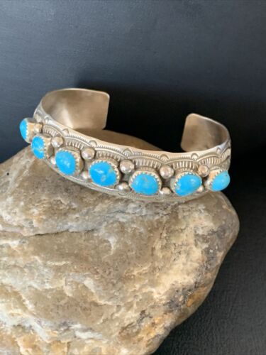 Navajo Kingman Turquoise Cuff Bracelet | Sterling Silver | Leaf Shape | 7 Stones | 12163 - Masha USA