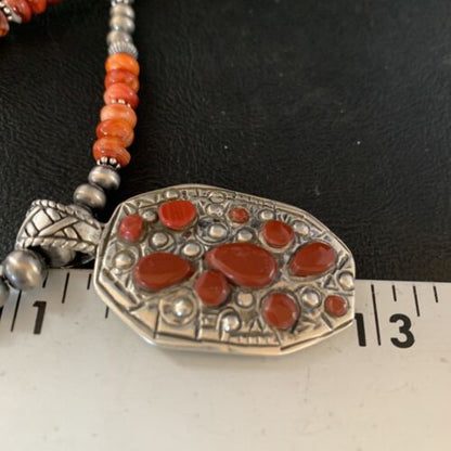 Navajo Red Coral & Spiny Oyster Necklace | Sterling Silver Bead | Authentic Native American Handmade | 13735