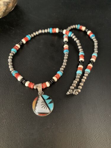 Zuni Multi-Color Turquoise Onyx Necklace | Sterling Silver Inlay Pendant | Native American Handmade | 13564