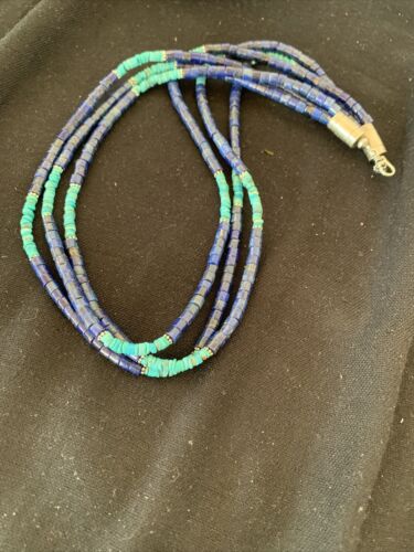 Navajo Lapis & Turquoise 3 Strand Necklace | Sterling Silver | 21" | Authentic Native American Handmade | 01011