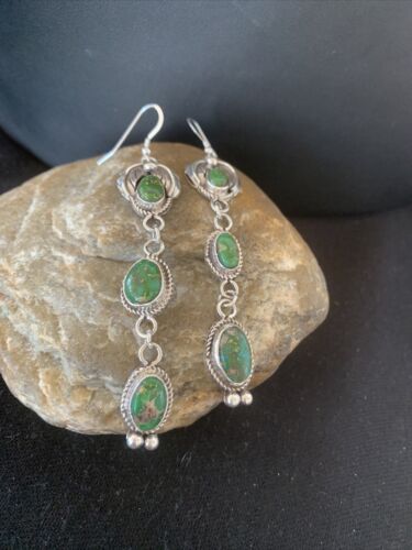 Navajo Sterling Silver Dangle Earrings | Green & Sonoran Gold Turquoise | Authentic Native American Handmade | 1213