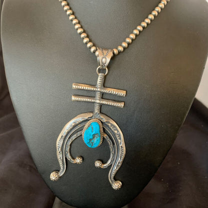 Navajo Kingman Turquoise Naja Pendant | Sterling Silver | Authentic Native American Handmade | 11518