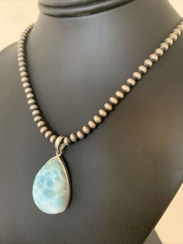 Navajo Blue Larimar Pendant Necklace | Sterling Silver Beads | Authentic Native American Handmade | 1765