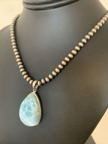 USA Womens Blue Larimar Pendant Navajo Sterling Silver Beads Necklace 1765