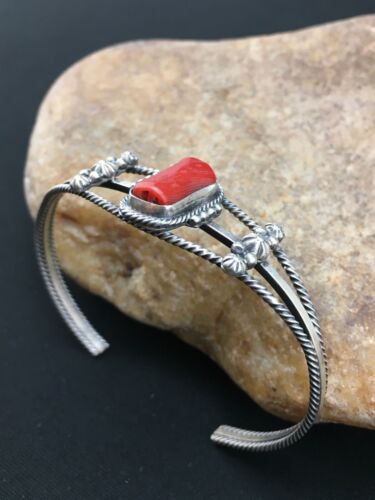 Native American Red Coral Navajo Bracelet | Sterling Silver | Authentic Handmade | 4731