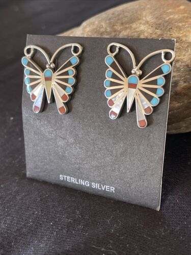 Native American Zuni Sterling Silver Inlay Earrings | Turquoise Coral Mother of Pearl | 1085