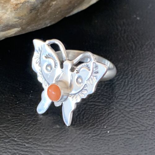 Navajo Orange Spiny Oyster Butterfly Ring | Sterling Silver | Sz Adj 8 | Authentic Native American Handmade | 10351