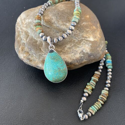 Navajo Royston Bead Green Turquoise Necklace Pendant | Sterling Silver | Authentic Native American Handmade | 11920