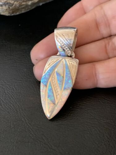 Navajo White Blue Opal Inlay Pendant | Sterling Silver | Authentic Native American Handmade | 12477