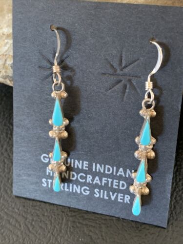 Zuni Handmade Kingman Turquoise Needle Point Dangle Earrings | Sterling Silver | 13024