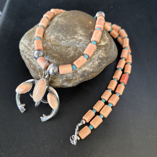 Navajo Pink Coral & Blue Turquoise Necklace with Naja Pendant | Sterling Silver | Native American Handmade | 14813
