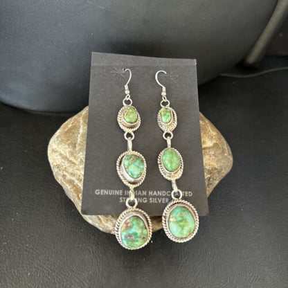 Navajo Green Sonoran Gold Turquoise Dangle Earrings | Sterling Silver | Authentic Native American Handmade | 14408