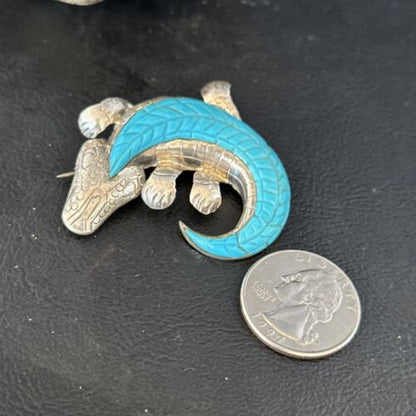 Navajo White & Blue Turquoise Lizard Pin Pendant | Sterling Silver Gecko Inlay | Native American Handmade | 14510