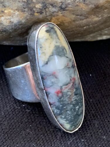 Southwestern Navajo Cinnabrite Ring | White Black | Sterling Silver | Sz 7.5 | 01559