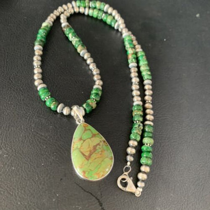 Navajo Green Mojave Turquoise Pendant Necklace | Sterling Silver | Native American Handmade | 13461