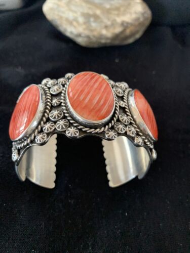 Navajo Red Spiny Oyster Cuff Bracelet | Sterling Silver | Authentic Native American Handmade | 01107