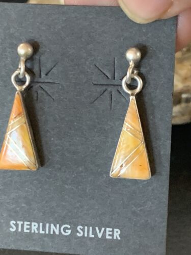 Navajo Orange Spiny Oyster Inlay Earrings | Sterling Silver | Minimalist Dangle | 12678