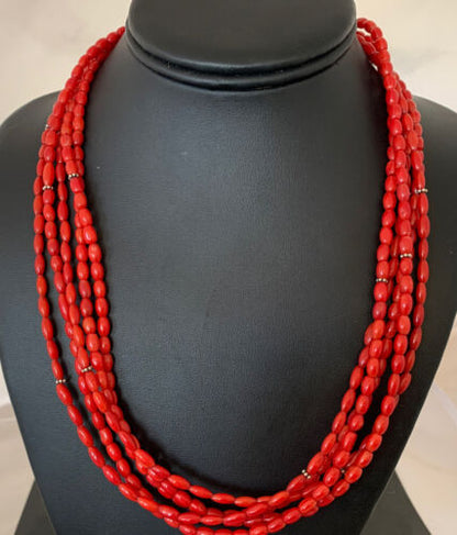 Native American Navajo 5-Strand Red Coral Necklace | Sterling Silver | Authentic Handmade | 01140