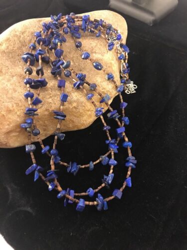 Navajo Multi Strand Necklace | Lapis Bone | Sterling Silver | 21" | Authentic Native American Handmade | 3343