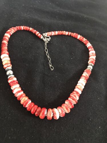 Navajo Red Spiny Oyster Necklace | Sterling Silver | Authentic Native American | Graduated 18" | 12715