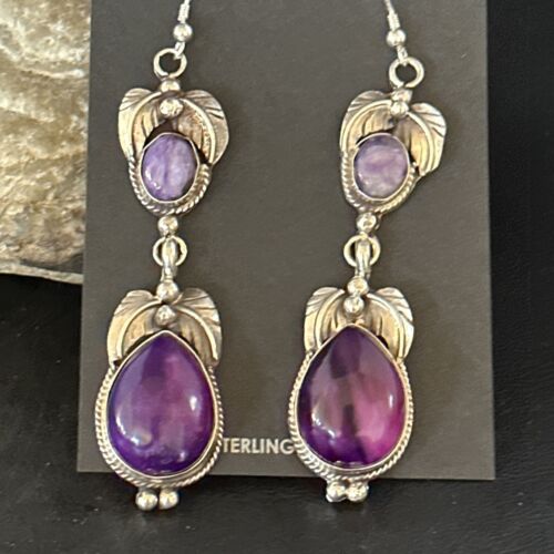 Navajo Purple Sugilite Dangle Earrings | Sterling Silver | 2" | Authentic Native American Handmade | 14401