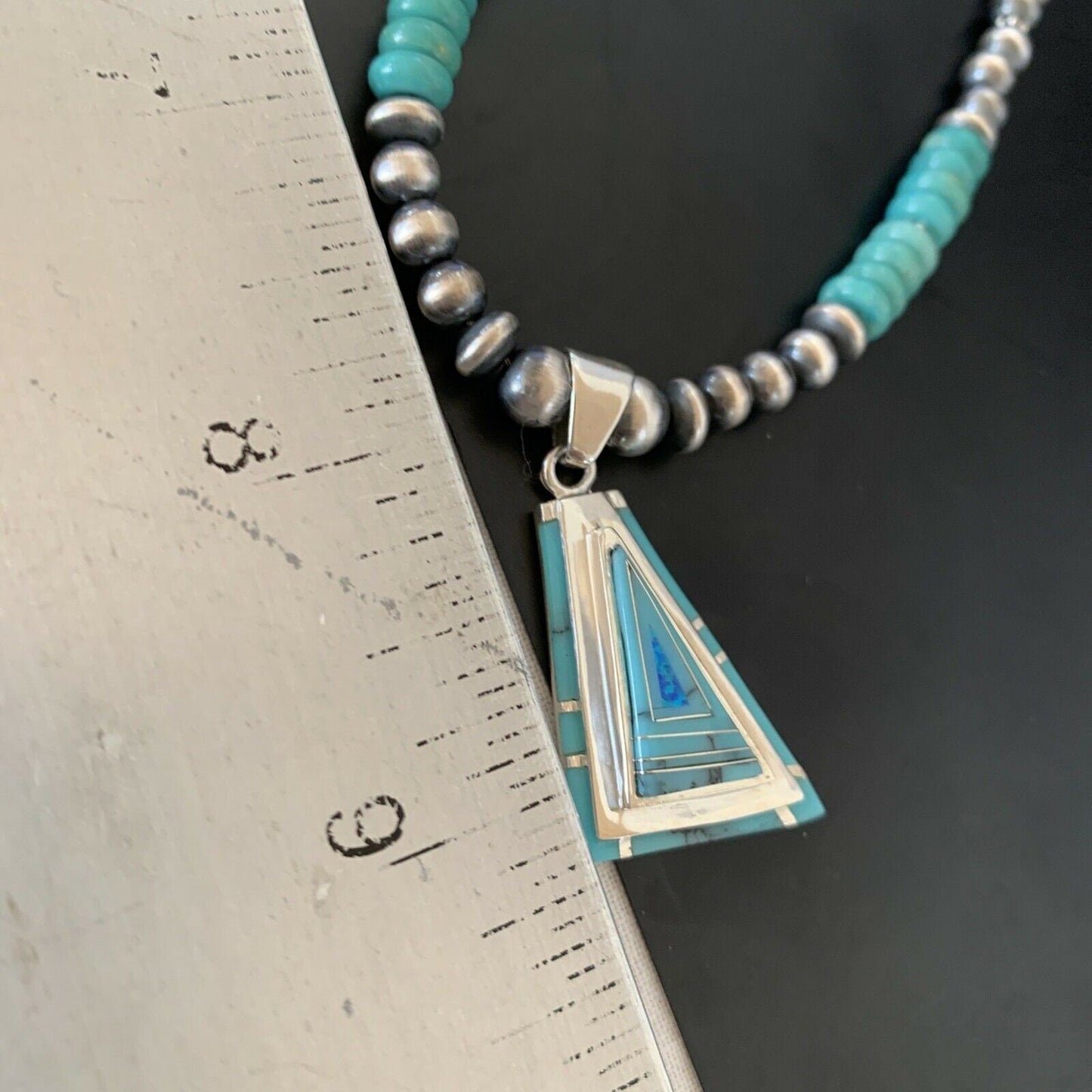 Authentic Native American Navajo Sterling Silver Pendant | Blue Turquoise & Opal Inlay Necklace | 11475