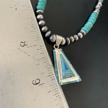 Authentic Native American Navajo Sterling Silver Pendant | Blue Turquoise & Opal Inlay Necklace | 11475
