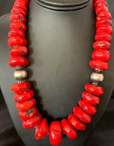 Navajo Red Coral Bead Necklace | Sterling Silver | Graduated 21" | Authentic Native American Jewelry | 13160
