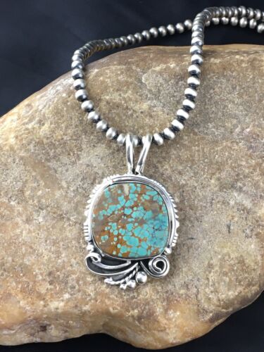 Navajo Blue #8 Turquoise Pendant Necklace Set | Sterling Silver | 2.25" | Authentic Native American Handmade | 10159