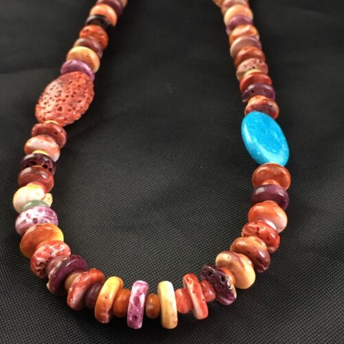 Navajo Turquoise | Purple Red Spiny Oyster Bead Necklace | Sterling Silver | 22" | 10143