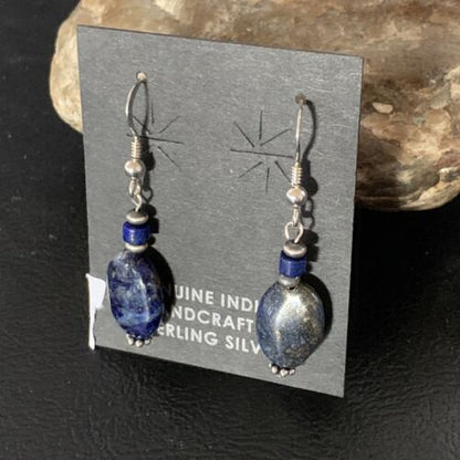 Navajo Lapis Lazuli Bead Dangle Earrings | Sterling Silver | 1" | Authentic Native American Handmade | 13329